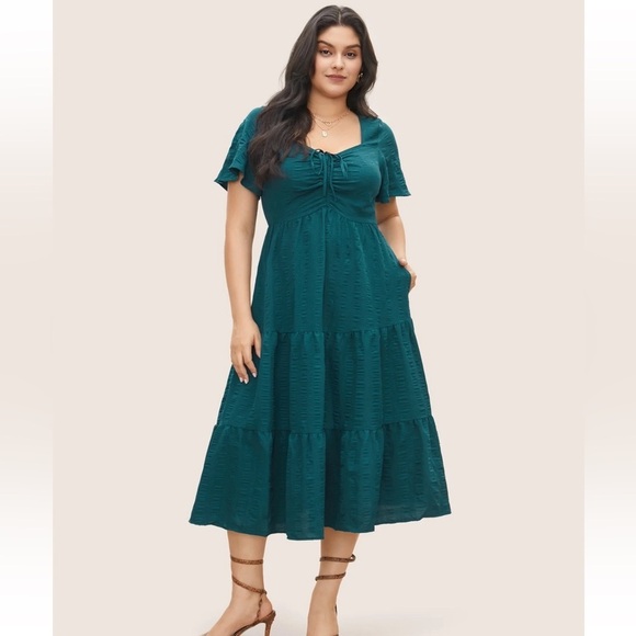 BloomChic Plain Ruched Drawstring Pocket Ruffle Tiered Dress - Picture 1 of 7